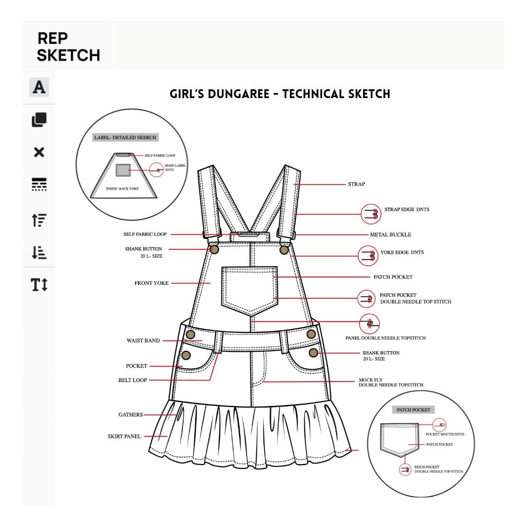 Girl's Dungaree Technical Sketch Graphic